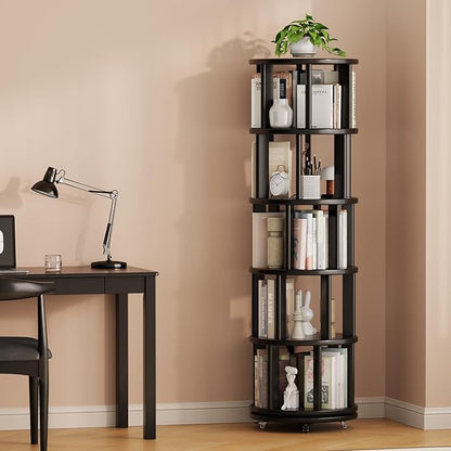Solid Wood Rotating Bookshelf on Wheels, 5 Tier, Round Revolving Bookcase, 360° Spinning Book Shelf Tower for Kids, Narrow Rolling Bookshelves for Small Space, Corner, Bedroom, Office, Black