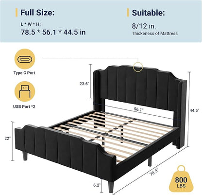 Allewie Vintage Full Size Velvet Platform Bed Frame with Curved Vertical Tufted Wingback Headboard and Footboard, Charging Station, Easy Assembly, Under Bed Storage, No Box Spring Required, Black