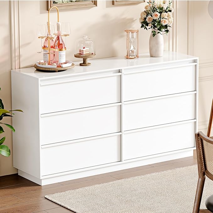 55.12" Modern Chest of Drawer, 6 Deep Drawers,Clothes Organizer,Large Storage Cabinet for Living Room, Bedroom,Dresser TV Stand, Wood Drawer Organizer for Living Room, Hallway,White