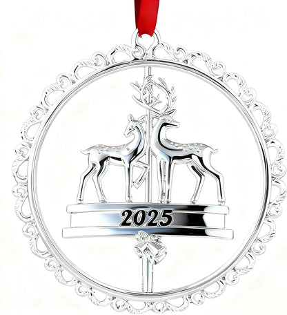 Christmas Ornament Decoration for Tree Hanging Metal Ornaments with Rotatable Elk,Dated 2025 Engraved for Holiday Decoration Keepsake Gift Lover Friends Family