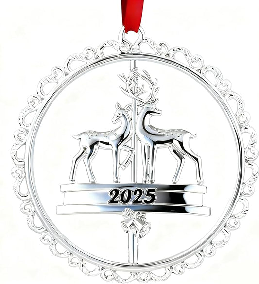 Christmas Ornament Decoration for Tree Hanging Metal Ornaments with Rotatable Elk,Dated 2025 Engraved for Holiday Decoration Keepsake Gift Lover Friends Family