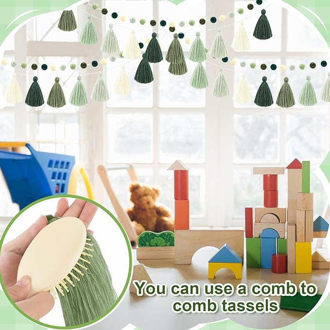 Syhood 4 Pcs Christmas Pom Pom Tassel Garland Felt Pompom Ball Banner Christmas Tassel Garland for Xmas Tree Hanging Decorations Party Supplies Home Decor(Sage Green)