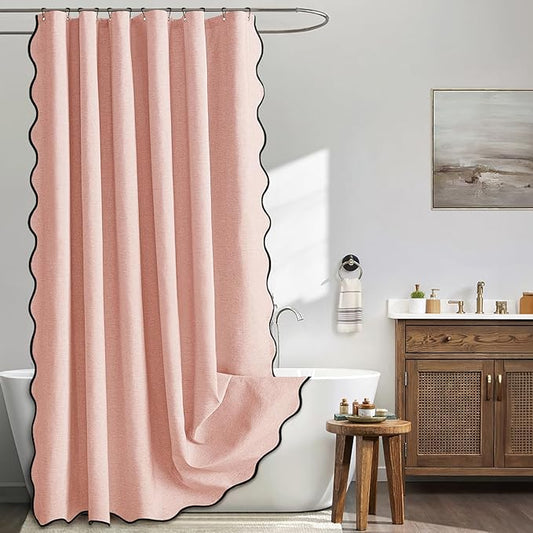 MIULEE 84" Long Scalloped Shower Curtain Linen Textured with 12 Metal Hooks Cute Extra Long Heavy Duty Washable Waterproof Cloth Curtains with Black Border for Bathroom Hotel Bathtub,Blush Pink