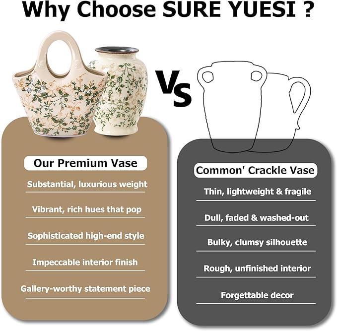 Ceramic Purse Vase for Flowers, Cute Handbag Vases, Vintage Green and Beige Floral Vase, Rustic Farmhouse Vases for Living Room, Kitchen, Bedroom, Table Centerpiece, Chinoiserie and Tuscan Decor 9 in