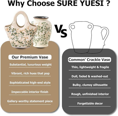 Ceramic Purse Vase for Flowers, Cute Handbag Vases, Vintage Green and Beige Floral Vase, Rustic Farmhouse Vases for Living Room, Kitchen, Bedroom, Table Centerpiece, Chinoiserie and Tuscan Decor 9 in