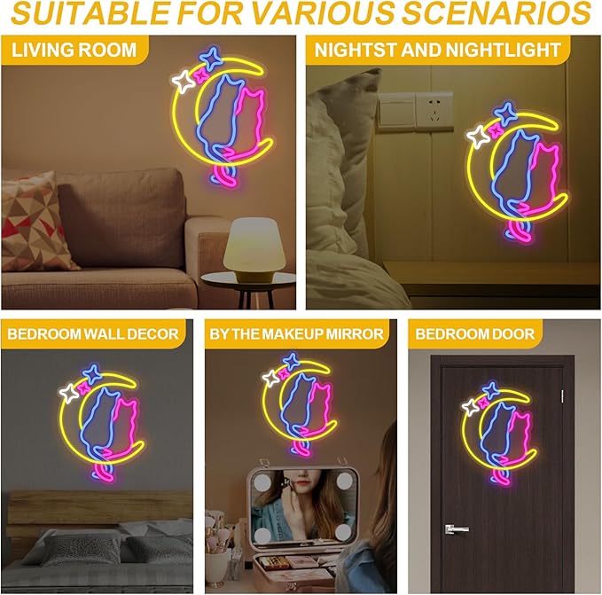 Moon Cat Neon Signs for Wall Decor Neon Lights for Bedroom Led Signs for Man Cave Bar Pub Kids Room Restaurant Christmas Birthday Party Pet Shop Gifts Led Art Wall Decorations