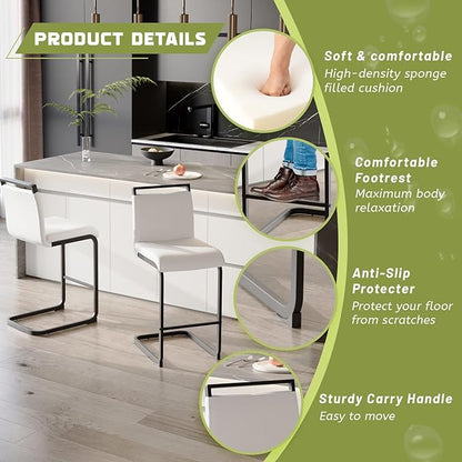 Bar Stools Set of 2,25" Counter Height Bar Stools with Footrest,White Faux Leather Kitchen Stool with Black Painted Metal Leg,Counter Height Stool Ideal for Island Pub Kitchen Counter Dining Chair