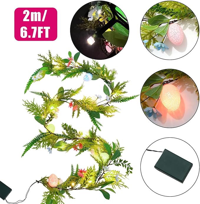 LOMIMOS 6.7FT Easter Lighted Garland,Artificial Spring Vine Branche with Easter Egg Berries Flower for Mantle Fireplace Home Table Party Decoration