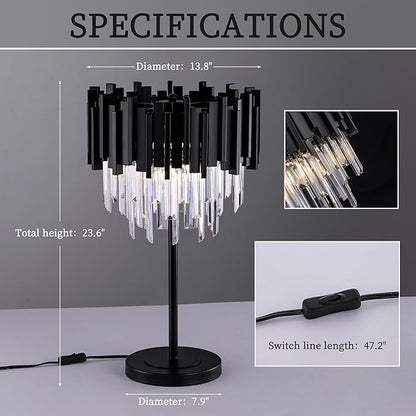 Wellmet Black Crystal Table Lamp,3 Lights Table Lamps for Bedroom,Black Bedside Nightstand Lamps for Living Room,Small Decorative Desk Lamp for Reading Room,Metal Base