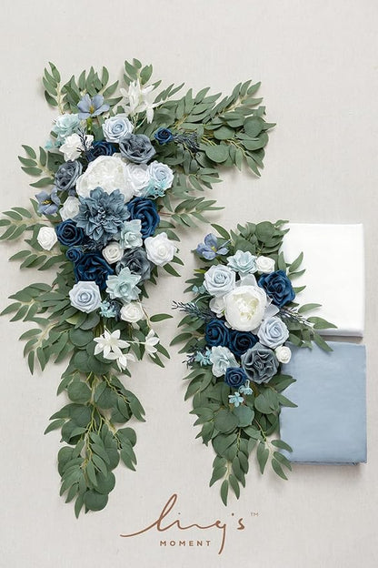 Ling's Moment Dusty Blue Artificial Wedding Arch Flowers Kit Pack of 4, 2pcs Hanging Flower Arrangement 2pcs Chiffon Drape Ceremony Spring Fake Silk Rose Arbor Backdrop Floral Swag Outdoor Beach Decor
