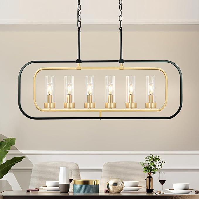 Dining Room Chandelier, 36" Modern Farmhouse Chandelier Black and Gold Dining Room Light Fixture 6-Light Kitchen Island Lights Horizontal Linear Pendant Light Fixtures with Clear Glass Shade