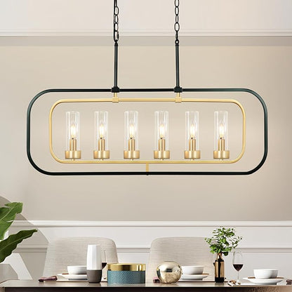 Dining Room Chandelier, 36" Modern Farmhouse Chandelier Black and Gold Dining Room Light Fixture 6-Light Kitchen Island Lights Horizontal Linear Pendant Light Fixtures with Clear Glass Shade