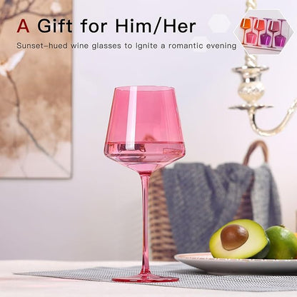 Colored Wine Glasses Set of 6 – 18oz Hand-Blown Crystal Stemmed Wine Glasses, Vibrant Sunset Square stemware for Red & White Wine, Unique Gift for Wedding, Anniversary, Birthday