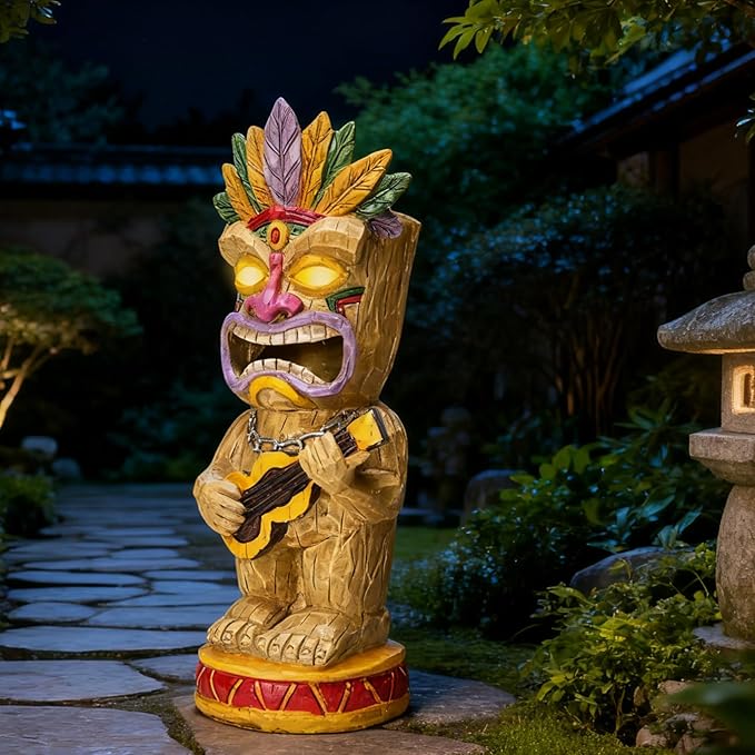 Solar Tiki Garden Statue with LED Eyes Outdoor Resin Ukulele Player Yard Decor Solar Light Hawaiian Style Lawn for Patio Porch Lawn Tiki Bar or Tiki Lover Funny Gifts