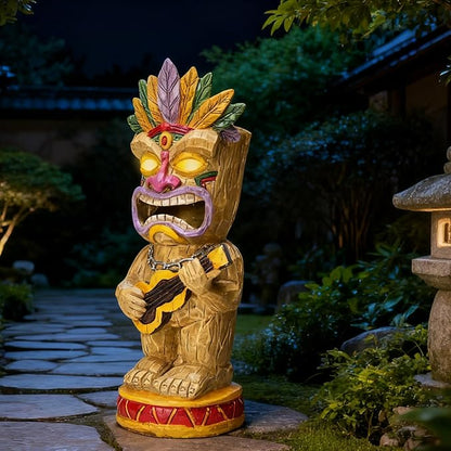 Solar Tiki Garden Statue with LED Eyes Outdoor Resin Ukulele Player Yard Decor Solar Light Hawaiian Style Lawn for Patio Porch Lawn Tiki Bar or Tiki Lover Funny Gifts