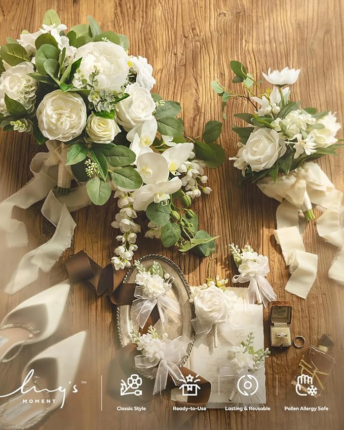 Ling's moment White Bridal Bouquet Cascading, White Wedding Bouquets for Bride, 13 Inch Ivory Bride Bouquets for Wedding Artificial Flowers Bouquets