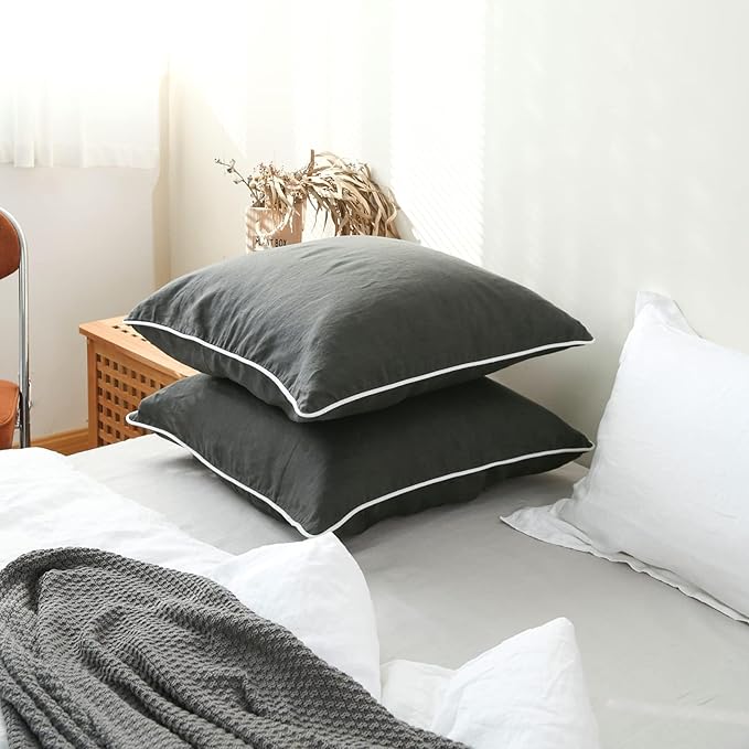Simple&Opulence 100% Linen Euro Sham Covers with Piping Trim, 26"x26" Pillow Cover Set of 2, Breathable Pillow Shams for Bed Couch Decorative Cushions, Dark Grey