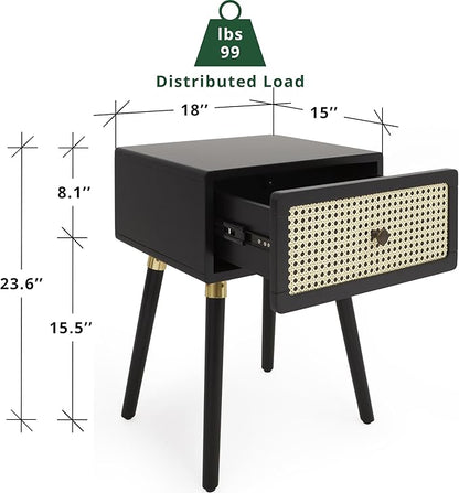 Bme Nipe Black Solid Wood Rattan Woven Cane End Table Bedside Table for Modern Bedroom Boho Living Room