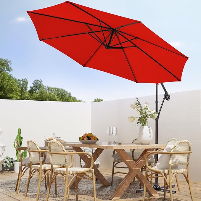 wikiwiki 10ft Patio Umbrellas Offset Outdoor Umbrella Cantilever Hanging Umbrellas w/Infinite Tilt, Fade Resistant Waterproof RECYCLED FABRIC Canopy & Cross Base, for Yard, Garden & Deck, Red