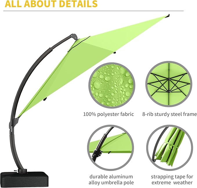 Kingdura 11ft Offset Cantilever Patio Umbrella with Base Included, Large Round Aluminum Outdoor Umbrella, 360° Rotation & Infinite Tilt, Heavy Duty Frame for Deck Pool Backyard, Apple Green