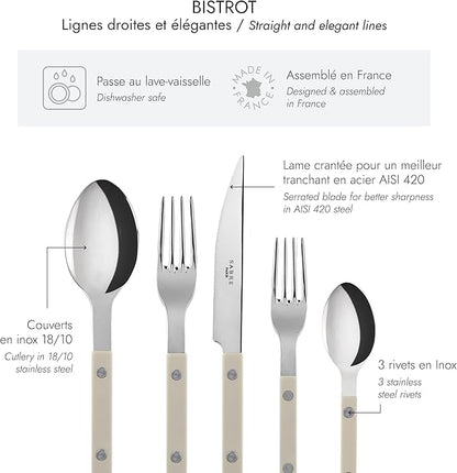 5-Piece Flatware Set - Bistrot Collection - Knife, Fork, Soup Spoon, Teaspoon & Dessert Fork - Stainless Steel & Nylon - Dishwasher Safe - Light Kaki - Brilliant Finish