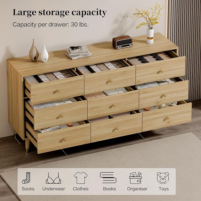 9 Drawer Dresser 63" Wide Mid Century Modern Chest of Drawers, Wood