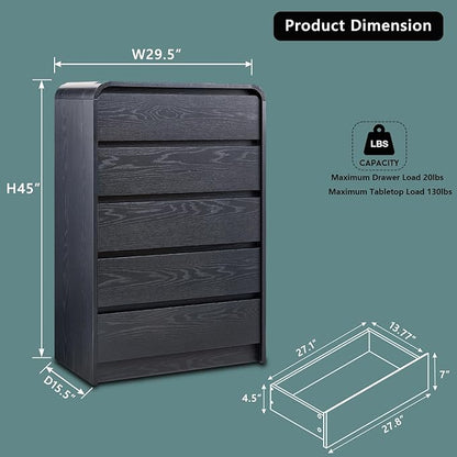 Modern 5 Drawers Dresser for Bedroom, 45" Tall Dressers & Chests of Drawers w/Curved Profile Design, Wood Mid Century Vertical Dresser w/Natural Texture for Bedroom, Living Room, Black