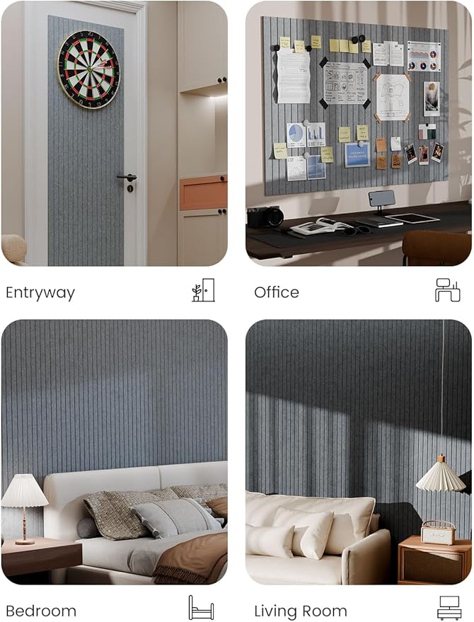 Bumusty Large Cork Board Alternative-47 x35 Felt Bulletin Board Tiles, with 30 Pushpins, 70 Adhesive Tabs, 12-Pack Slat Wall Paneling, Cork Boards for Office Push Pin Board Felt Board-Silver Mink