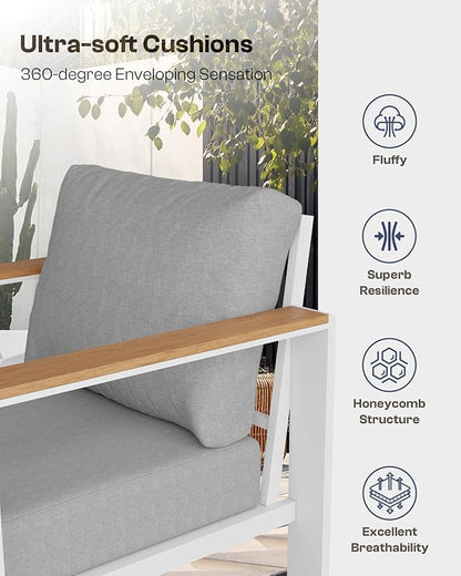 Aluminum Outdoor Patio Furniture Set with Table, 4 Piece Outdoor Chair Conversation Sets with Washable Thick Cushions, Patio Sectional Furniture Set for Porch, Balcony, Deck, White