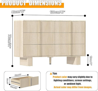 Fluted 6 Dresser for Bedroom, 47'' Modern Drawer Dressers with 2 Widened Reinforced Legs for Living Room, Hallway, Whitewashed Oak