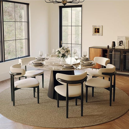 POVISON Round Dining Table for 6, 59" Modern Round Dining Room Table with Lazy Susan, Pandora Sintered Stone Dining Tabletop with Black Carbon Steel Pedestal (Dining Table Only)