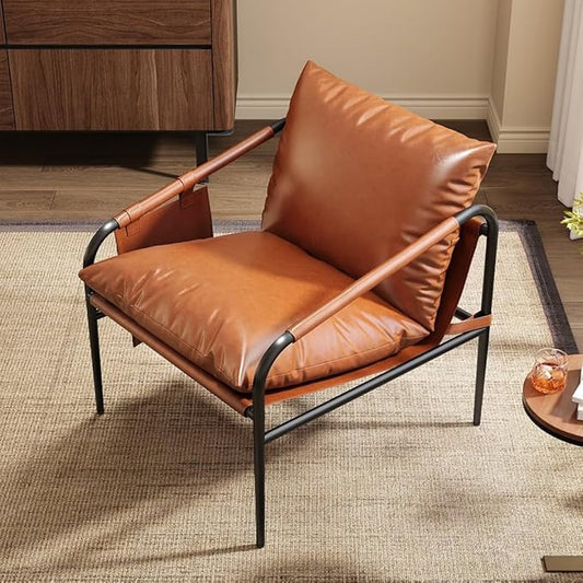 homary Brown Leather Accent Chair for Living Room Metal Frame, Padded Arms Side Pockets Granular Cotton Filling (Black & Brown)
