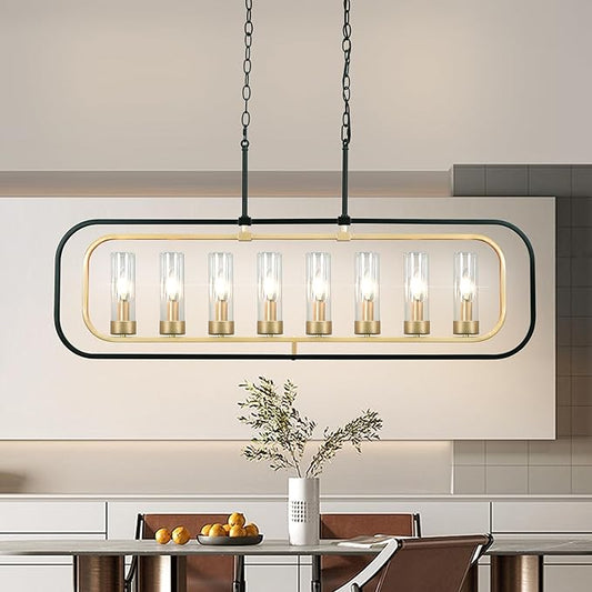 Dining Room Light Fixture, 8 Lights Modern Farmhouse Chandelier Kitchen Island Lights Black and Gold Linear Chandeliers for Dining Room, 46" Large Pendant Lights with Clear Glass
