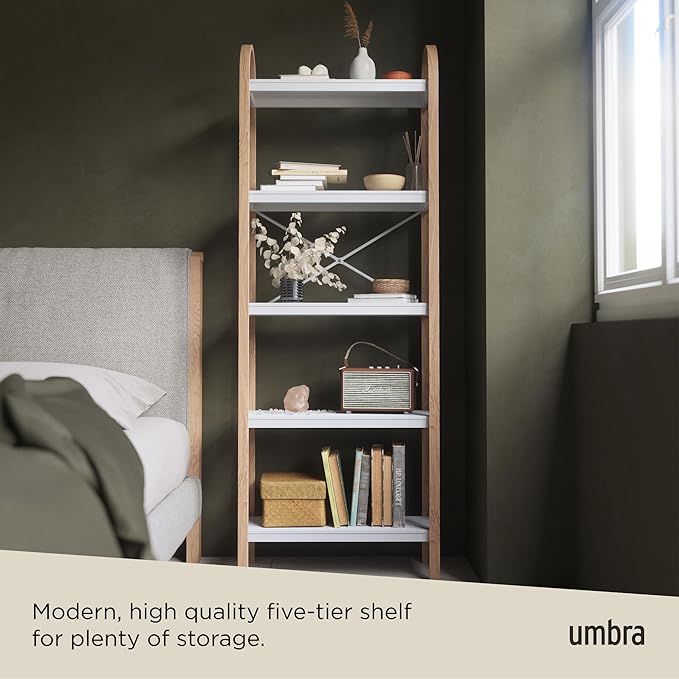 Umbra Bellwood Five-Tier Shelf Bookcase Display with 5 Shelves, White/Natural