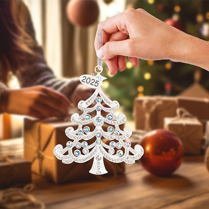 2025 Metal Christmas Tree Ornament Decorations 5" with Iridescent Crystals & 2025 Dated Engraved for Keepsake Gifts Holiday Home Party Decor