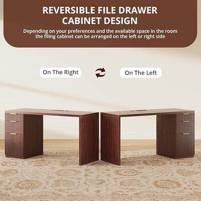 FURSUN 58" Modern Executive Desk with Storage, Home Office Desk with Drawer & Cabinet, Wooden Fluted Desk for Study, Living Room, Bedroom, Dark Walnut