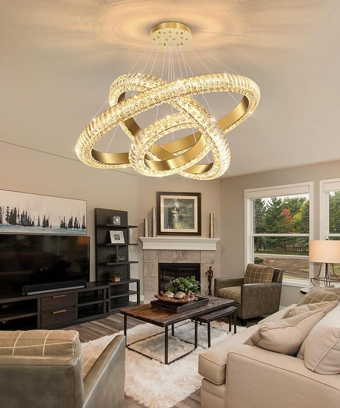 31.5" 3 Ring Crystal Chandelier Modern LED Dimmable Ring Pendant Light Round Chandelier for Dining Room Living Room Gold