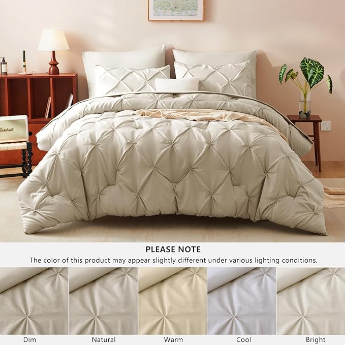 CozyLux Queen Comforter Set Oatmeal, 7 Pieces Pintuck Bed in A Bag, Premium Oatmeal Comforter Queen Size, Pinch Pleat Bedding Sets with Comforter, Sheets, Pillowcases & Shams
