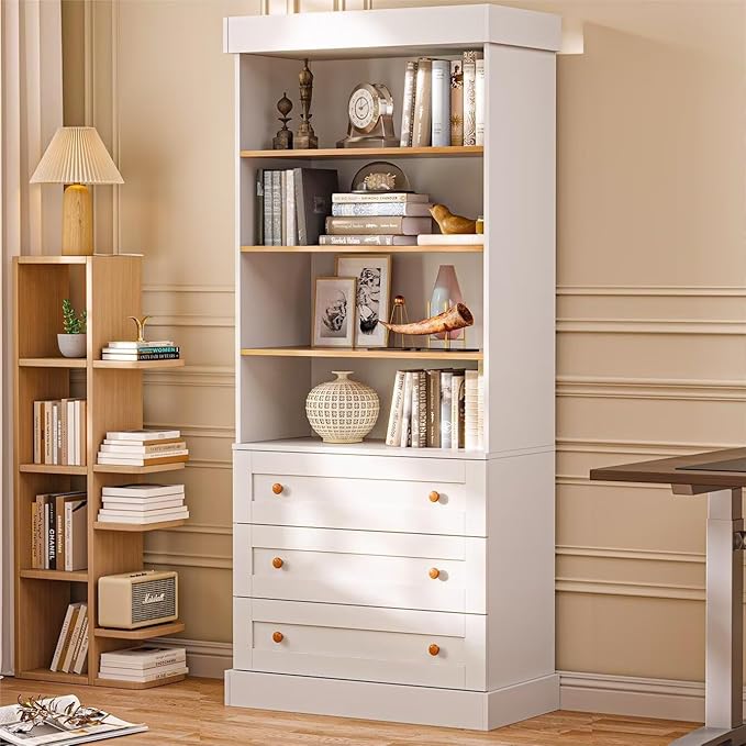 Vyre 71" Tall Farmhouse Bookshelves with Drawers, Set of 2 – Large Modular Bookcase with Adjustable Shelves, Storage Cabinet for Living Room, Kitchen, Home Office, White