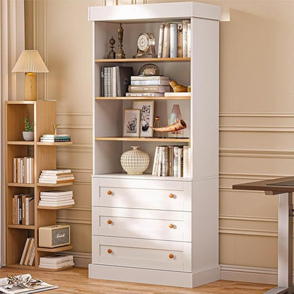 Vyre 71" Tall Farmhouse Bookshelves with Glass Doors and Drawers, Set of 4 – Large Modular Bookcase with Adjustable Shelves, Storage Cabinet for Living Room, Kitchen, White