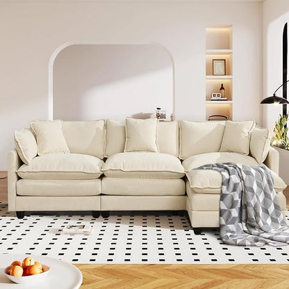 SoarFlash 107.4" Chenille Sectional Sofa, Comfy L Shaped Modular Coush Sofa with Ottoman, Modern 4 Seat Couch Deep Seat Sofa Set for Living Room,Beige