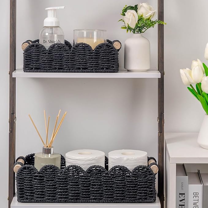 CubesLand Toilet Paper Storage Basket Scalloped Edge Home Decor Basket, Living Room Cozy Decor, Paper Rope Small Baskets for Over Toilet Storage Shelf, Shelves, with 2 Wooden Handles, Black