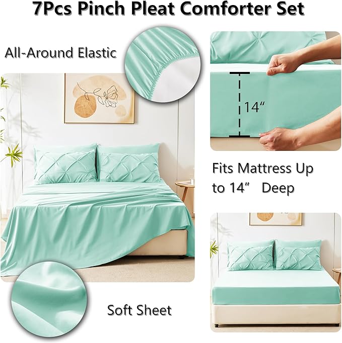 CozyLux King Size Comforter Set Mint Green, 7 Pieces Pintuck Bed in A Bag Green Comforter King Size, Pinch Pleat Bedding Set with All Season Comforter, Flat Sheet, Fitted Sheet, Pillowcases & Shams