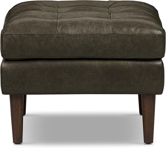 POLY & BARK Napa Ottoman - Full-Grain Leather Upholstered Ottoman with Feather-Down Topper - Accent Chairs for Living Room - Vintage Italian Leather in Olivine Green