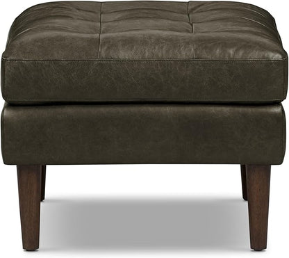 POLY & BARK Napa Ottoman - Full-Grain Leather Upholstered Ottoman with Feather-Down Topper - Accent Chairs for Living Room - Vintage Italian Leather in Olivine Green