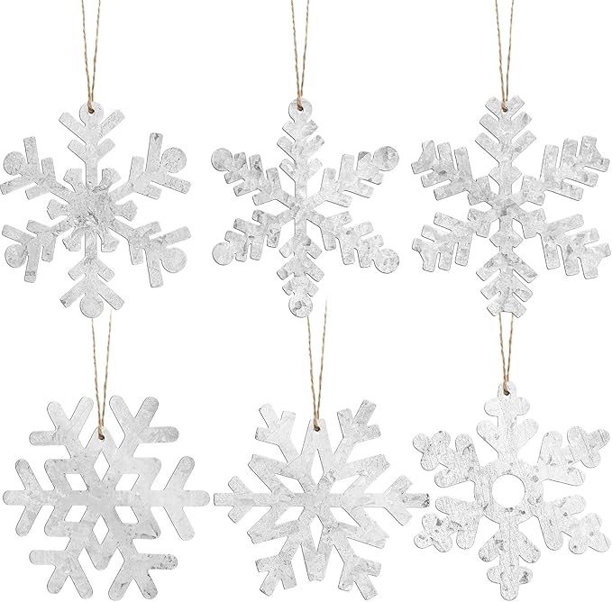 Oudain 6 Pieces Metal Snowflake Ornaments Christmas Galvanized Snowflake Hanging Ornament Farmhouse Snowflake Tree Hanging Decoration for Xmas Winter Party Decor, 5.12 Inch, Silver
