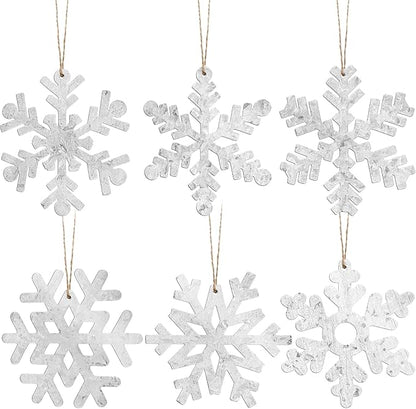 Oudain 6 Pieces Metal Snowflake Ornaments Christmas Galvanized Snowflake Hanging Ornament Farmhouse Snowflake Tree Hanging Decoration for Xmas Winter Party Decor, 5.12 Inch, Silver