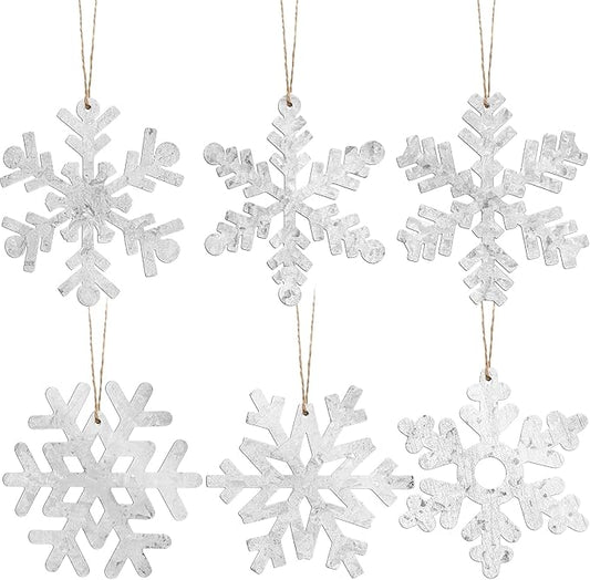 Oudain 6 Pieces Metal Snowflake Ornaments Christmas Galvanized Snowflake Hanging Ornament Farmhouse Snowflake Tree Hanging Decoration for Xmas Winter Party Decor, 5.12 Inch, Silver