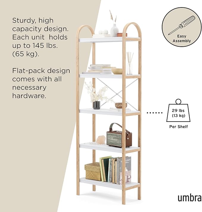 Umbra Bellwood Five-Tier Shelf Bookcase Display with 5 Shelves, White/Natural
