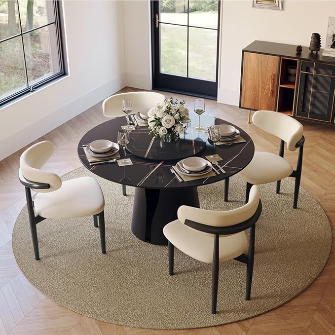 POVISON Round Dining Table for 4, Modern Dining Table 47" with 23" Lazy Susan, Glossy Black Sintered Stone Dining Tabletop with Black Carbon Steel Pedestal (Dining Room Table Only)